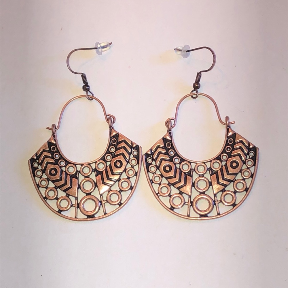Boho Copper Tone Filigree Boho Hoop Earrings